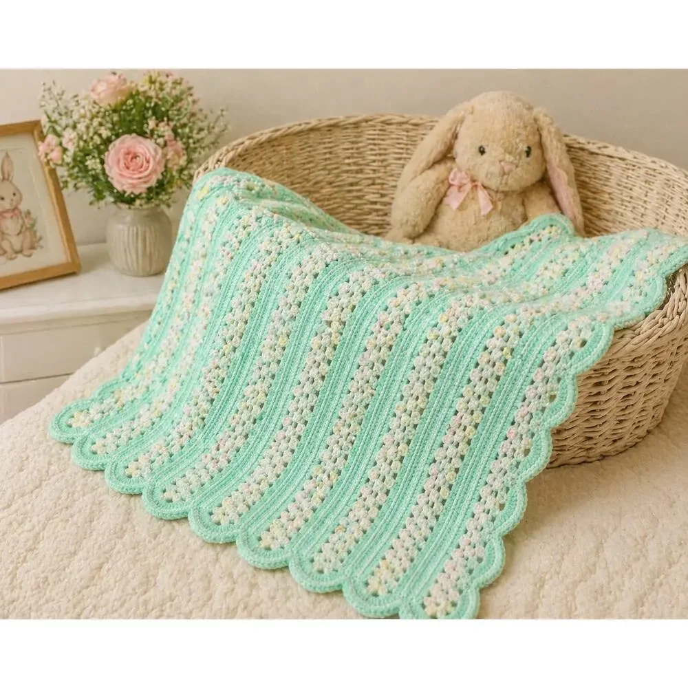 VTG Handmade Crochet Baby Blanket 42x32 Mint Green Pink Pastel Afghan Scallop